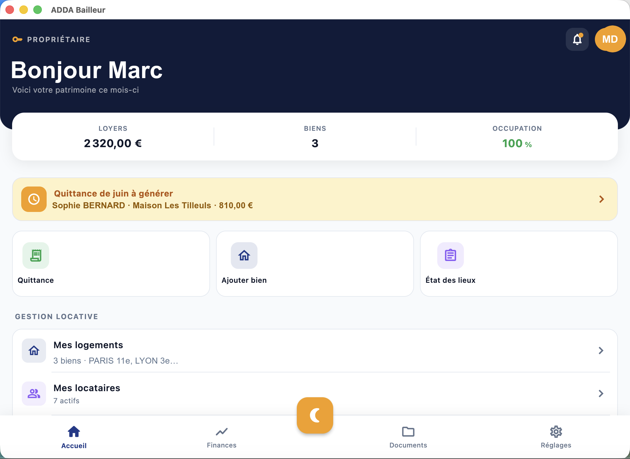 Tableau de bord ADDA Bailleur