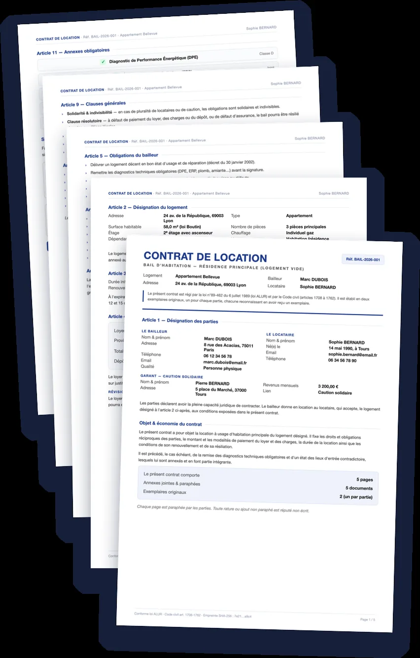 PDF de contrat de bail multi-pages généré par ADDA Bailleur