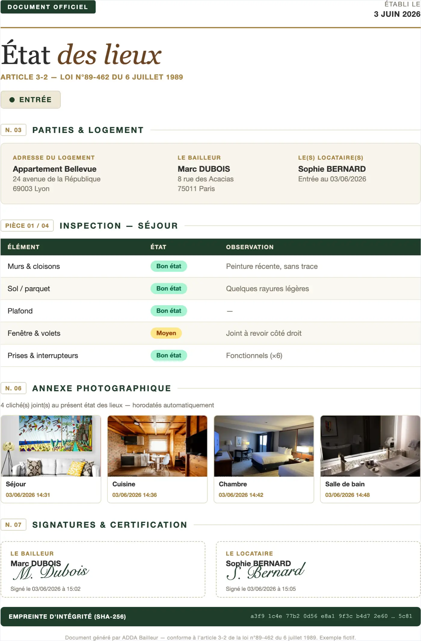 PDF d'état des lieux généré par ADDA Bailleur, avec annexe photos horodatées